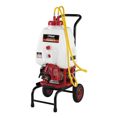 PULVERIZADOR COSTAL TEKNA PC260DL E CARRINHO, GAS 25.4CC 2T 3-8LPM 25L BOMBA DE LATAO 2 LANCAS
